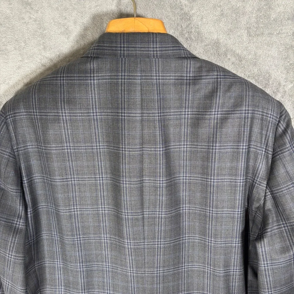 Hickey Freeman Lawrence Mens 46L Gray Blue Plaid Wool 2‎ Button Blazer Jacket